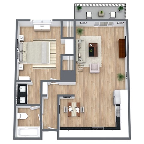 Floor plan for 1 bed, 1 bath, 743 sqft
